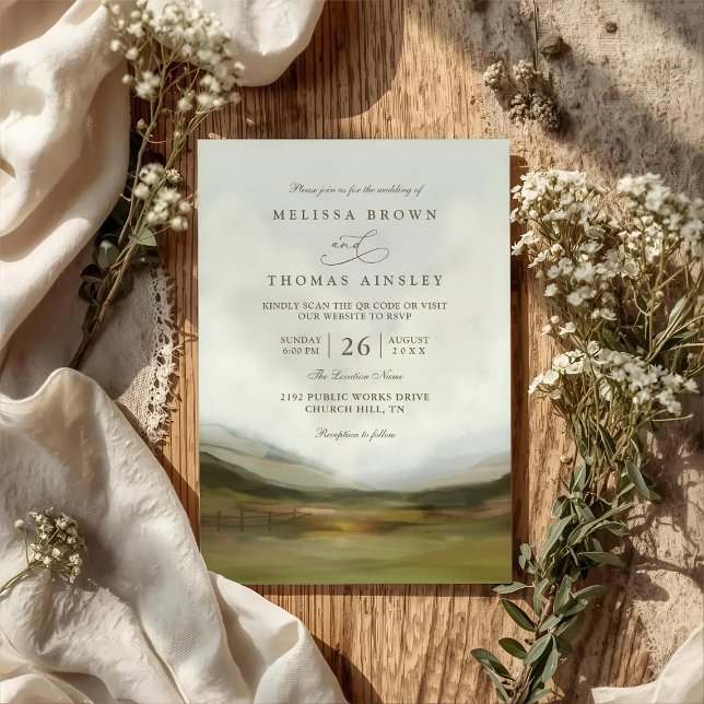 Convites Western Valley Rustic Elegant QR Code Wedding (Criador carregado)