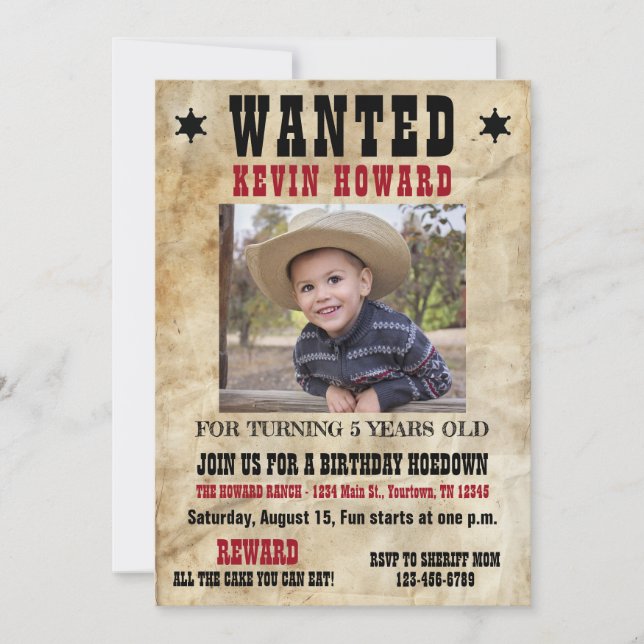 Convites Western Wanted Poster Birthday (Frente)