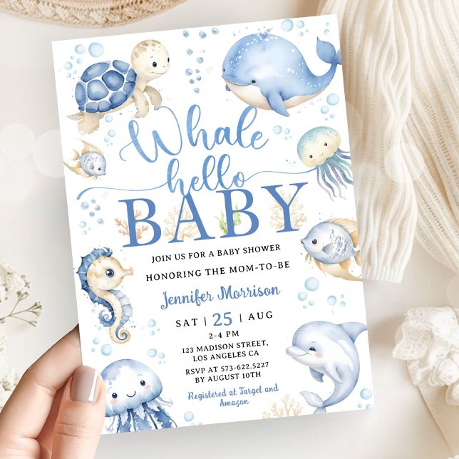 Convites Whale Baby Shower Boy Blue Ocean (Criador carregado)
