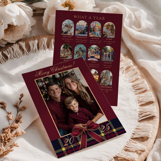 Convites What A Year family Photo Red Plaid Holiday Card (Criador carregado)