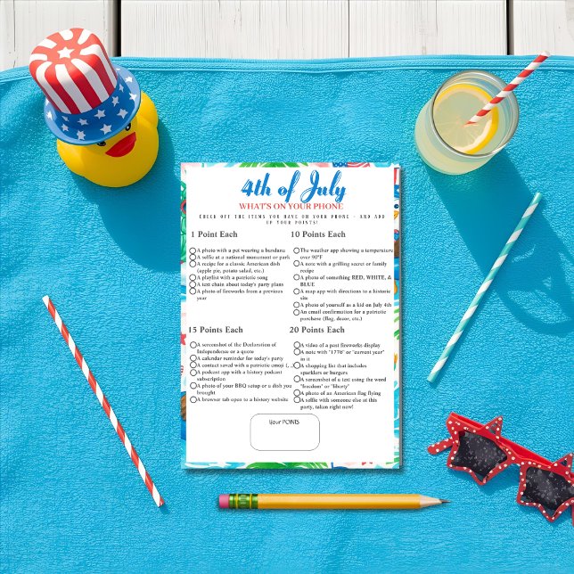 Convites What’s in Your Phone? 4th of July Game pool card (What’s in Your Phone? 4th of July Game pool card)