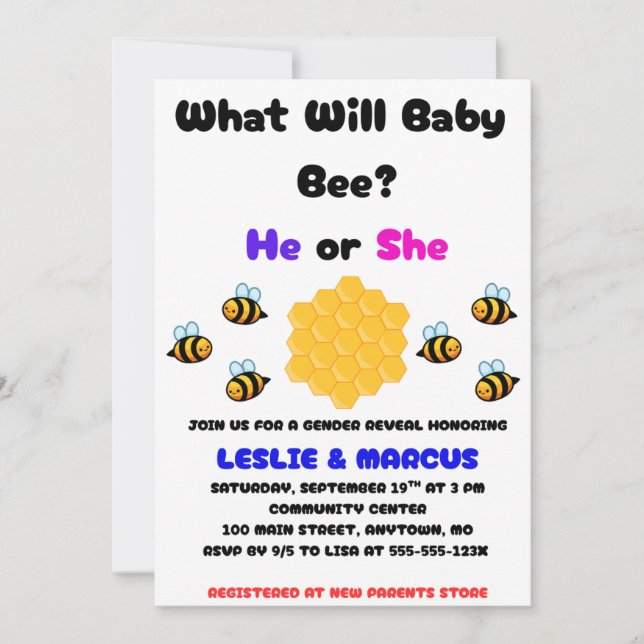 Convites What Will Baby Bee Gender Reveal (Frente)