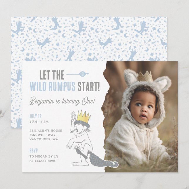 Convites Where the Wild Things Are Wild One First Birthday (Frente/Verso)