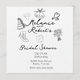Convites Whimiscal Cute Doodles Black White Bridal Shower