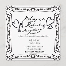 Convites Whimiscal Cute Doodles Black White Frame Wedding