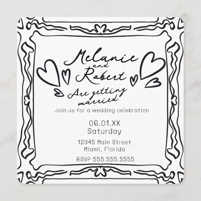Convites Whimiscal Cute Doodles Black White Frame Wedding (Frente)