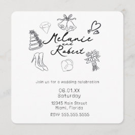 Convites Whimiscal Cute Doodles Black White Wedding