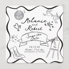 Convites Whimiscal Doodles Black White Frame Save the Date