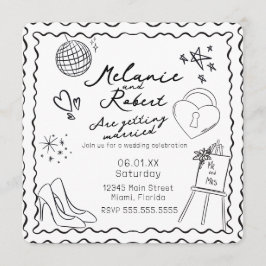 Convites Whimiscal Doodles Black White Frame Wedding