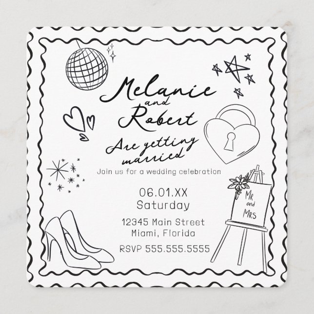 Convites Whimiscal Doodles Black White Frame Wedding (Frente)