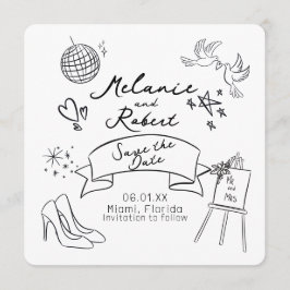 Convites Whimiscal Doodles Black White Save the Date