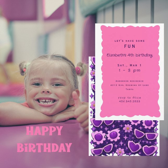 Convites Whimiscal Purple and Pink 4th Birthday Party II (Criador carregado)