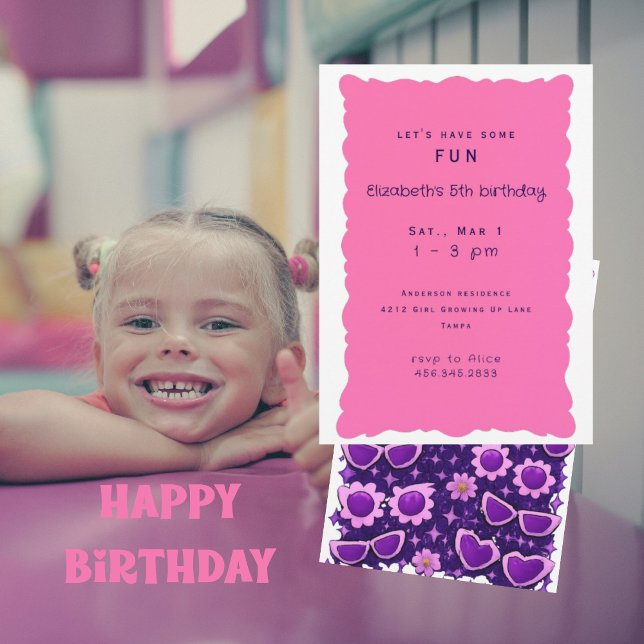 Convites Whimiscal Purple and Pink 5th Birthday Party (Criador carregado)