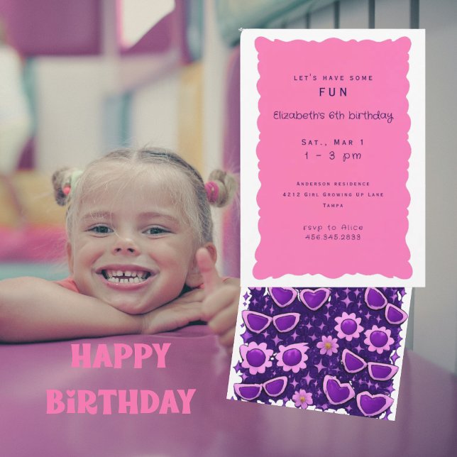 Convites Whimiscal Purple and Pink 6th Birthday Party (Criador carregado)
