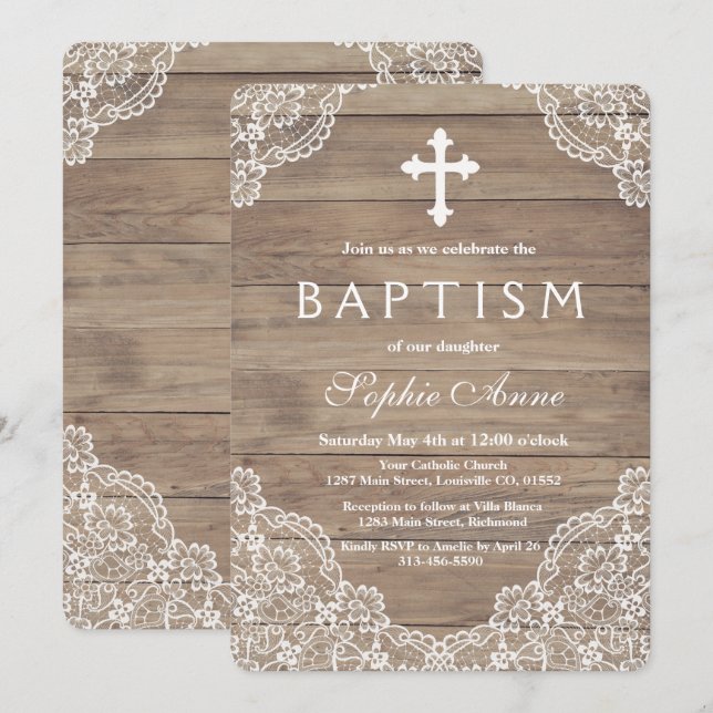 Convites Whimsage Vintage Lace Old Barn Girl Baptism (Frente/Verso)