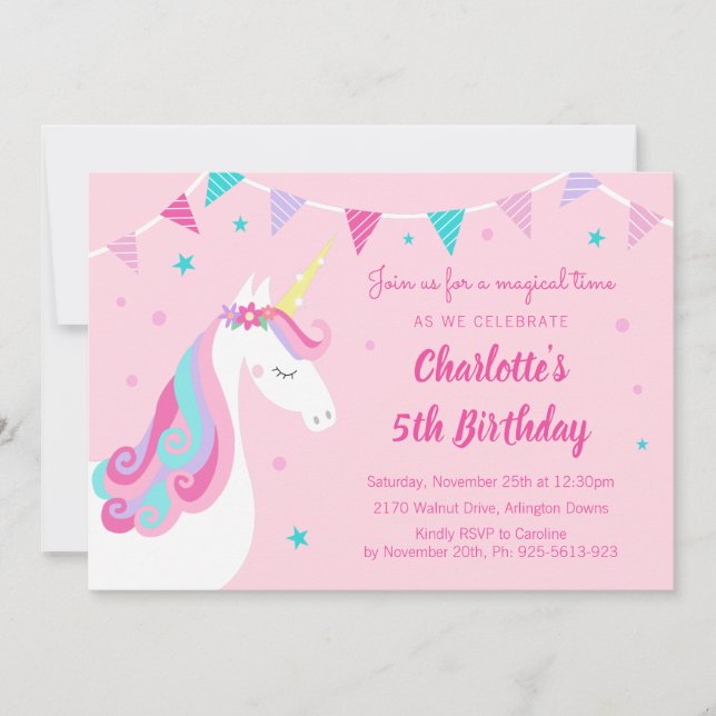 Convites Whimsic Rainbow Unicorn Pink 5 Birthday (Frente)