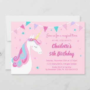 Convites Whimsic Rainbow Unicorn Pink 5 Birthday