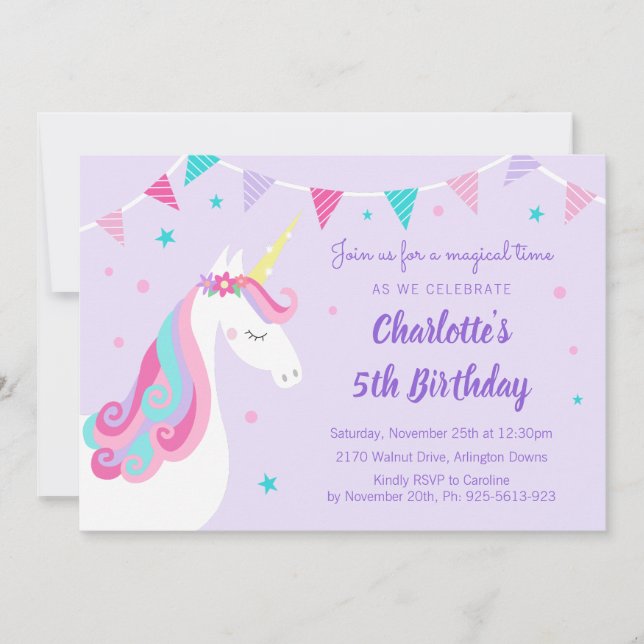 Convites Whimsic Rainbow Unicorn Purple 5 Birthday (Frente)