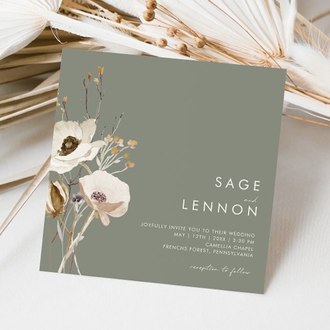 Convites Whimsic Wildflower | Sage Green Square Wedding (Criador carregado)