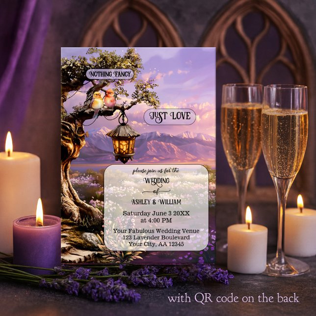 Convites Whimsical Artistic Romantic Lavender Wedding (Whimsical wedding invitation featuring a painting of a lavender landscape at sunset with lantern)