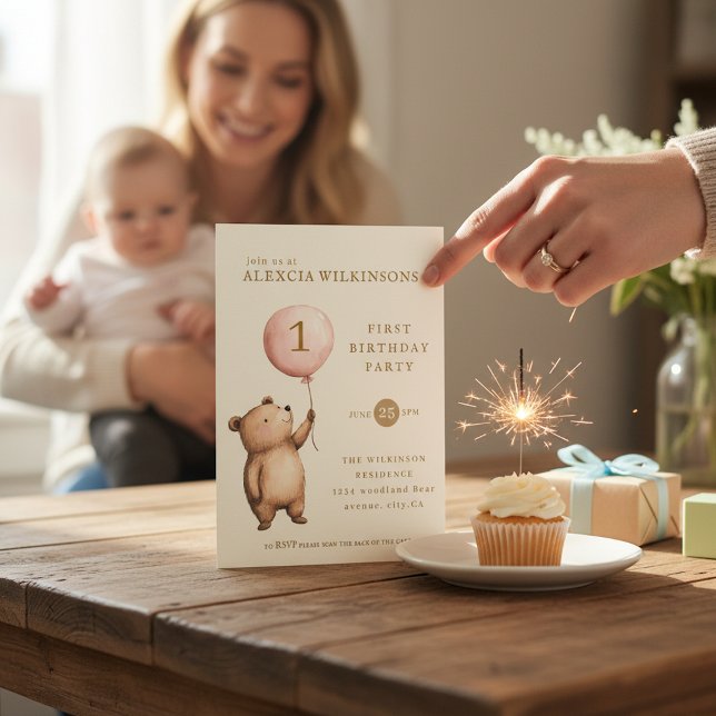 Convites Whimsical Bear "One" Heart Balloon Birthday  (Criador carregado)