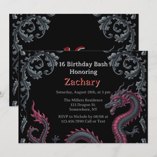Convites Whimsical Black Red Dragon Damask Sweet 16 Bash (Frente/Verso)