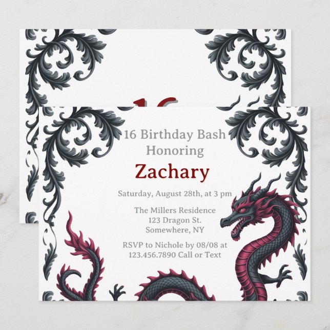 Convites Whimsical Black Red Dragon Damask Sweet 16 Bash (Frente/Verso)