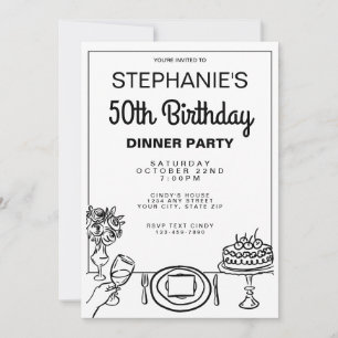 Convites Whimsical Black & White 50th Birthday Jantar Party