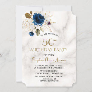 Convites Whimsical Blue Dourado Floral 50º aniversário