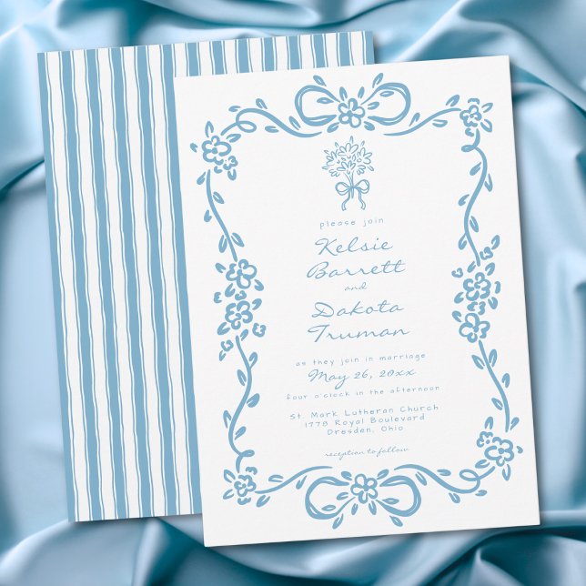 Convites Whimsical Blue Hand Drawn Floral Stripe Wedding (Whimsical Blue Hand Drawn Floral Stripe Wedding Invitation)