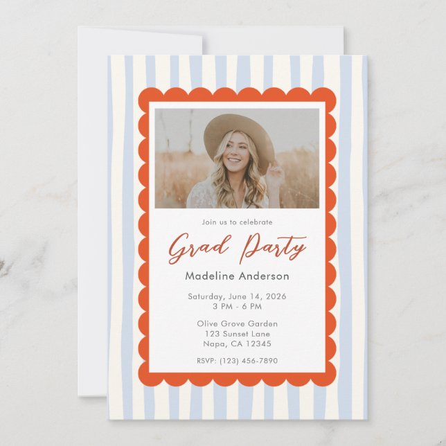 Convites Whimsical Blue Stripes Graduation Party Photo (Frente)