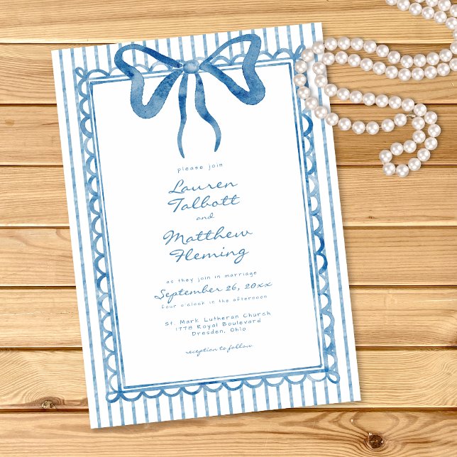 Convites Whimsical Blue Watercolor Bow Stripe Wedding (Criador carregado)