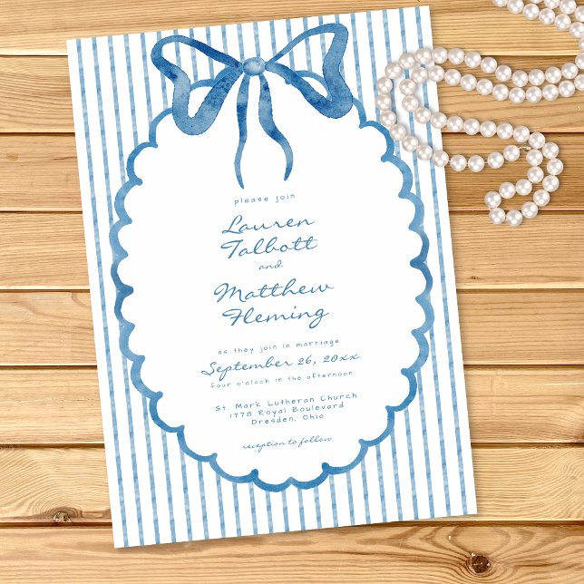 Convites Whimsical Blue Watercolor Bow Stripe Wedding (Criador carregado)