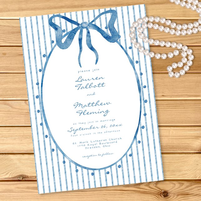 Convites Whimsical Blue Watercolor Bow Stripe Wedding (Criador carregado)