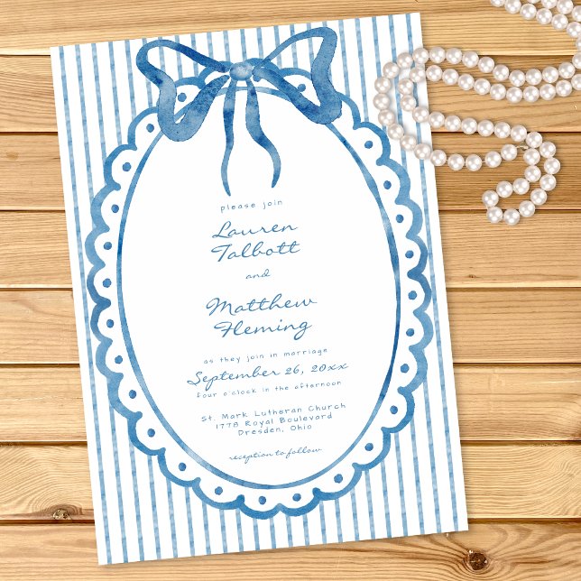 Convites Whimsical Blue Watercolor Bow Stripe Wedding (Criador carregado)