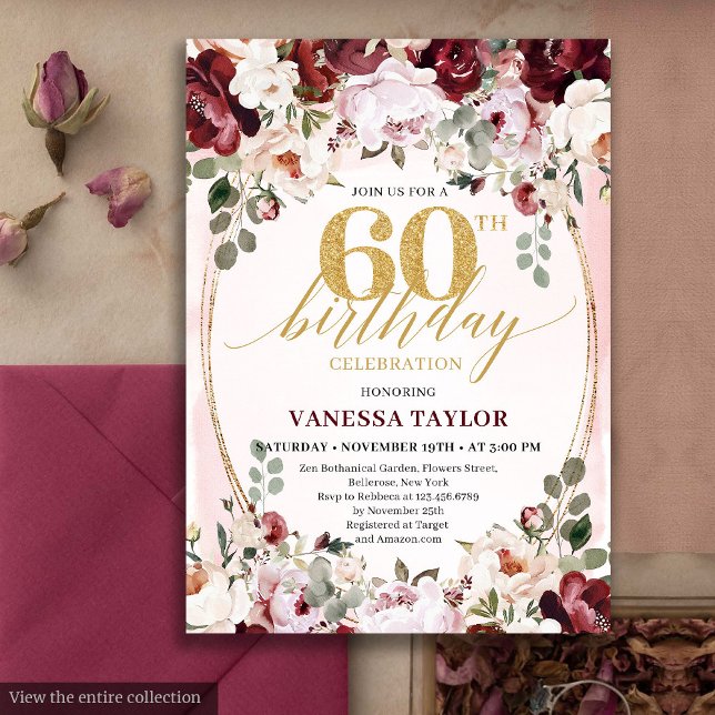 Convites Whimsical Boho Burgundy Floral 60th Birthday Card (Whimsical Boho Burgundy Floral 60th Birthday)