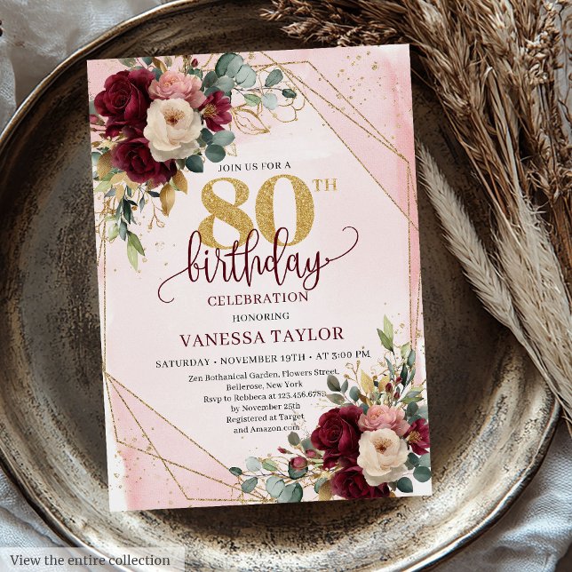 Convites Whimsical Boho Merlot Flores Douradas 80 de Aniver (Whimsical Boho Merlot Gold Flowers 80th Birthday Invitation)