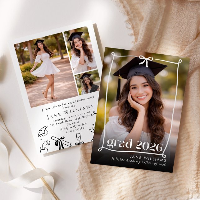 Convites Whimsical Bow Hand drawn Graduation Party Photo (Criador carregado)