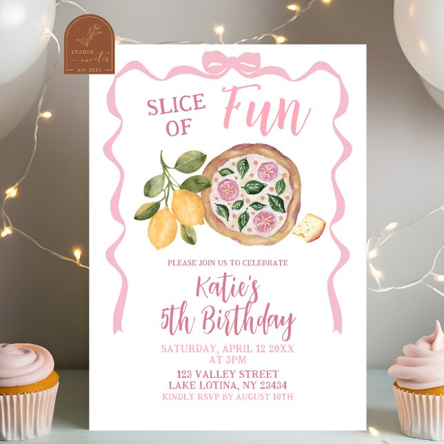 Convites Whimsical Bow Pizza Girl Birthday Party Invitation (Criador carregado)