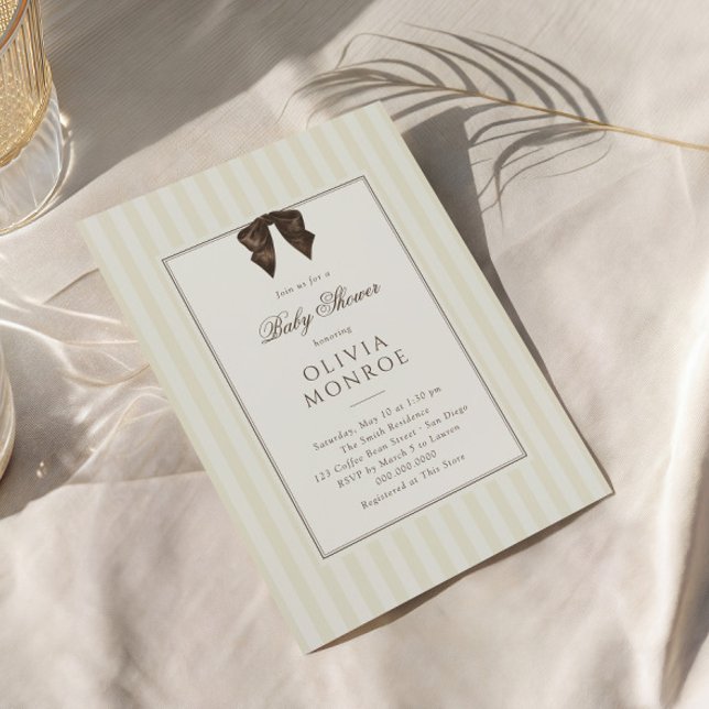 Convites Whimsical Brown Bow Striped Baby Shower (Criador carregado)
