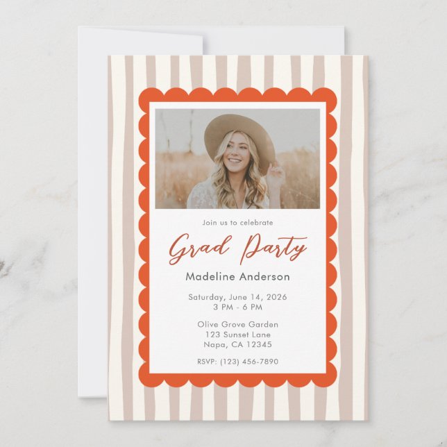 Convites Whimsical Brown Stripes Graduation Party Photo (Frente)