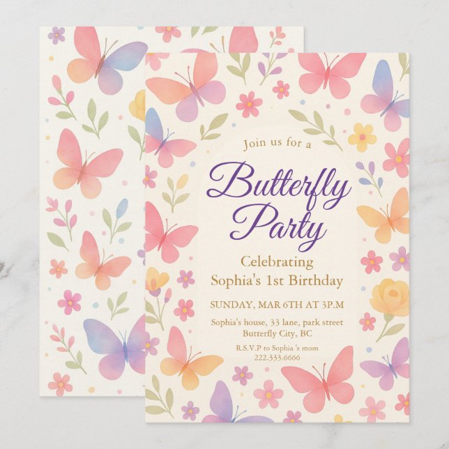 Convites Whimsical Butterfly 1st Birthday Party (Frente/Verso)