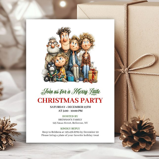 Convites Whimsical Cartoon Family Red Green Holiday Invite (Whimsical Cartoon Family Red Green Holiday Invite)