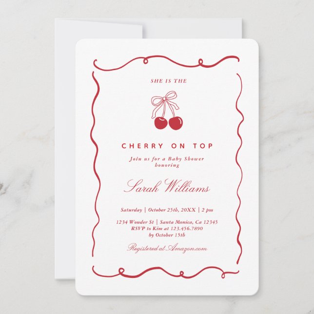 Convites Whimsical Cherry on Top Baby Shower Girl (Frente)