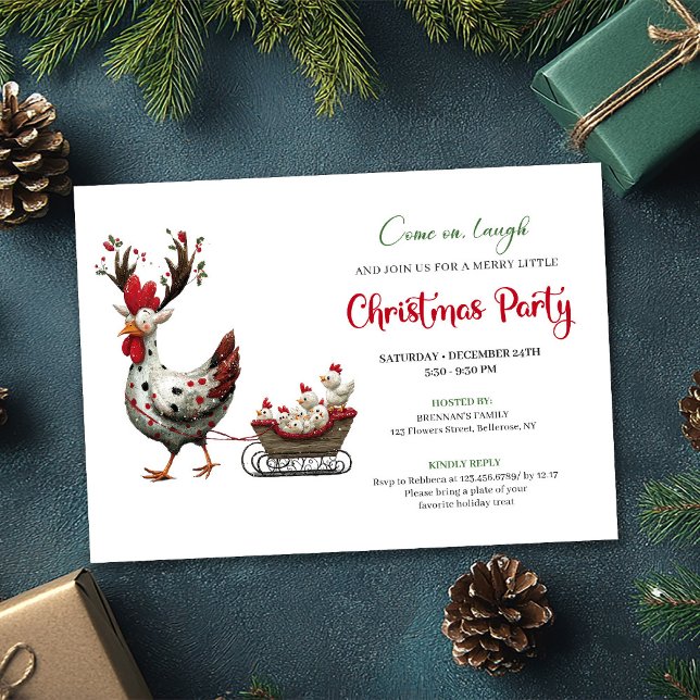 Convites Whimsical Chickens Minimalist Christmas Party Card (Whimsical Chickens Minimalist Christmas Party Card)