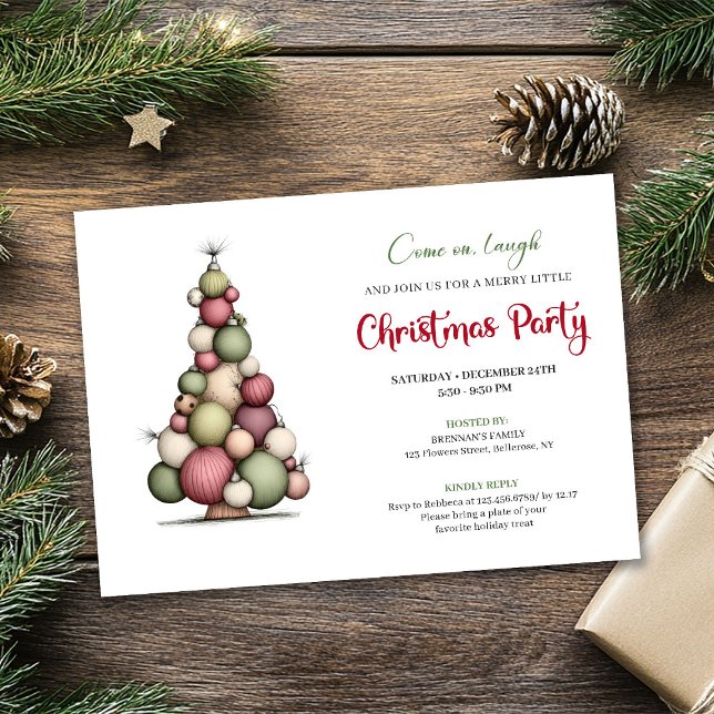 Convites Whimsical Christmas Tree Red Green Holiday Invite (Whimsical Christmas Tree Red Green Holiday Invite)