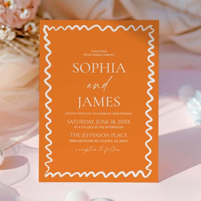 Convites Whimsical Citrus Orange Wavy Border Wedding (Criador carregado)