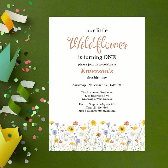 Convites Whimsical Colorful Wildflower 1st Birthday Party (Criador carregado)