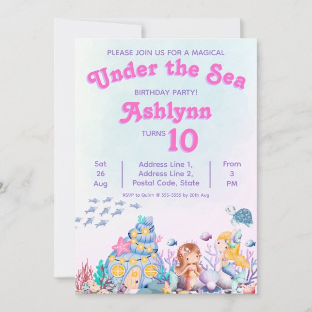 Convites Whimsical Cute Girl Under the Sea Mermaid Birthday (Frente)