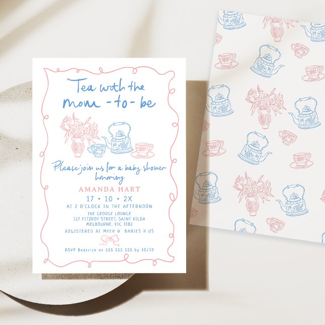 Convites Whimsical Desenhou Chá Com A Mãe Para Ser Chá de f (Whimsical Hand Drawn Illustration Baby Shower Invitation, Baby Pink Blue Tea Baby Shower Invitation)